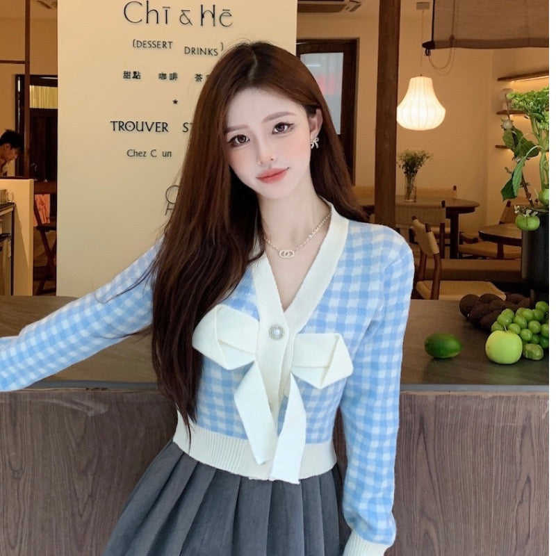 Kalan Yuqi~Korean version of the short style loose outerwear plaid long-sleeved sweater top women's bowknot cardigan sweater