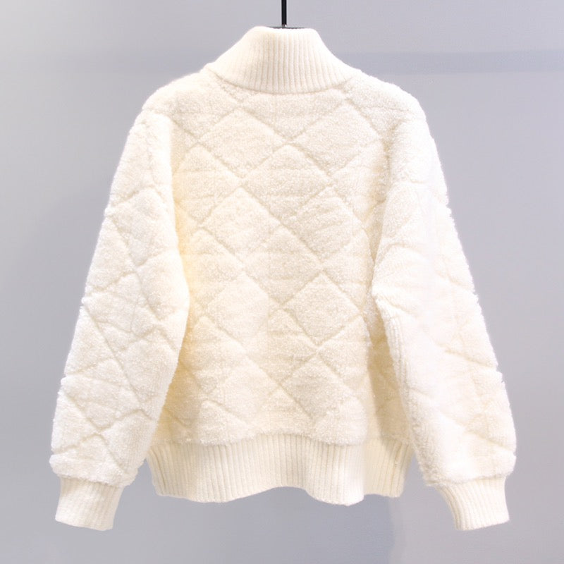 Small fragrant style diamond-shaped zipper sweater coat women 2023 new loose lazy style high-quality knitted cardigan