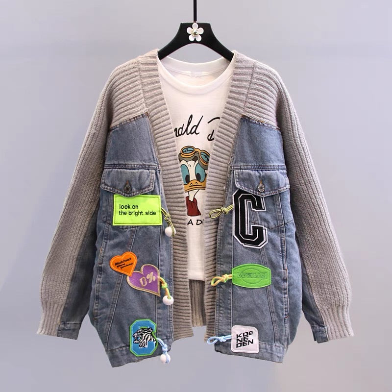 College wind sweater stitching denim jacket women's 2022 new Korean version loose design sense casual age reduction cardigan