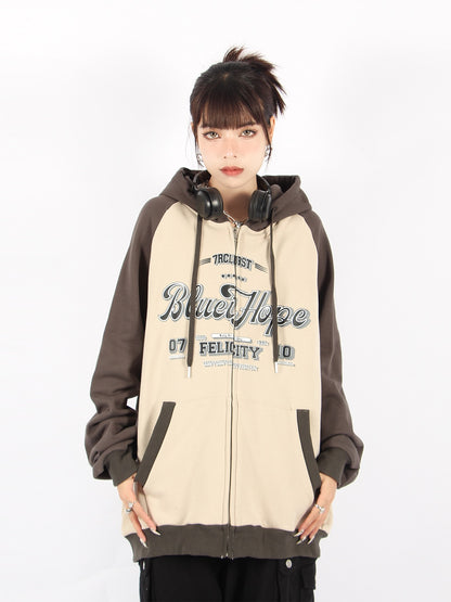 BIGGOLD American retro hooded sweater women's raglan sleeves autumn and winter oversize cardigan jacket trendy brand ins