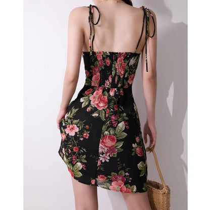 French retro girl fruit print lace-up suspender dress female high waist thin holiday style short skirt A-line skirt