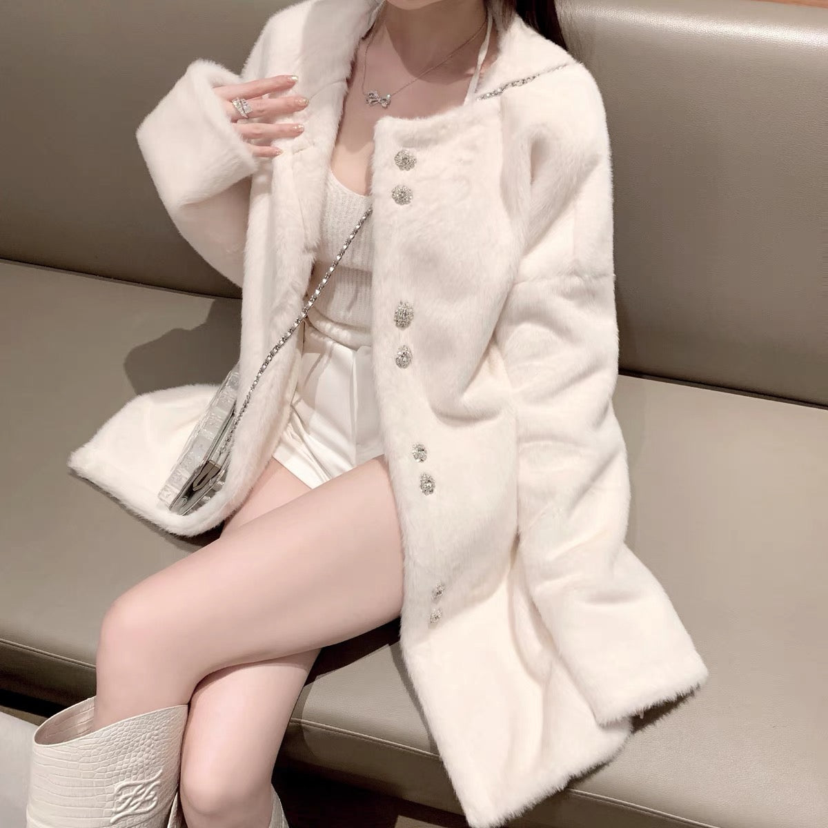 CHICYOU soft waxy gentle black and white diamond button autumn and winter faux fur mid-length long-sleeved jacket top young women