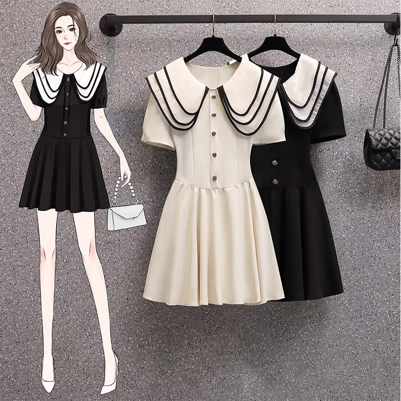 1202 plus size women's fat mm summer dress doll collar small fragrance dress fat sister waist slim A-line skirt