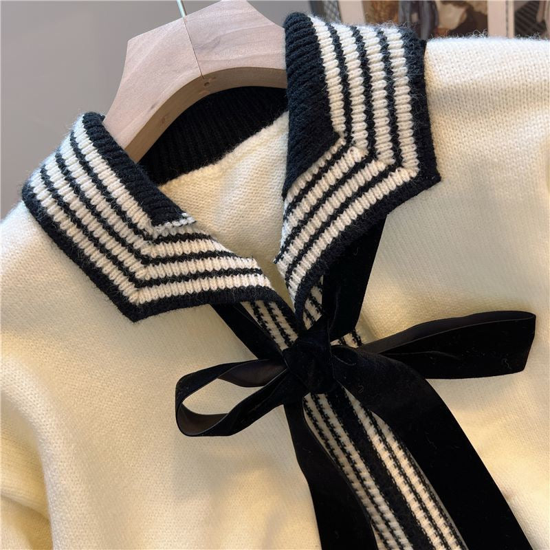 Early autumn new French preppy bowknot color matching lapel knitted cardigan women's lazy loose age-reducing top tide