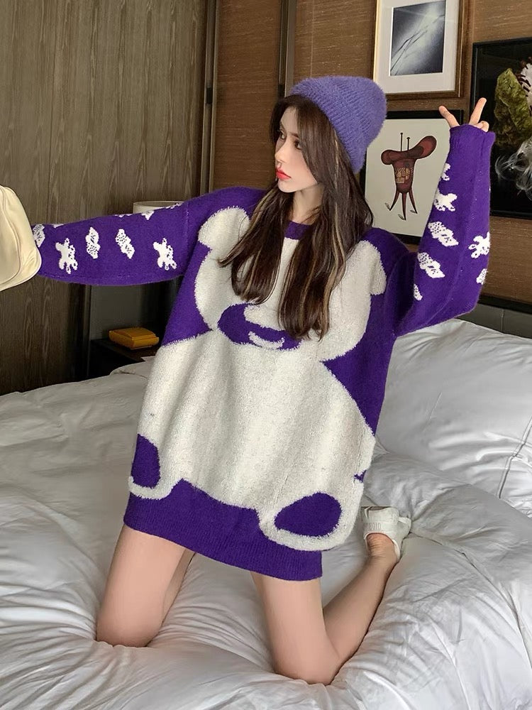 Purple sweater women's lazy high-end super good-looking bear jacquard top autumn and winter French niche chic knitted sweater