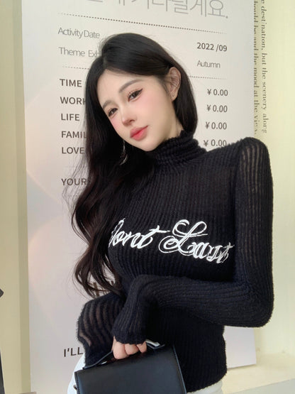 Spice Girls High Collar Long Sleeve Knitted Bottom Shirt Female Autumn Alphabet Slim Fit Sexy Slim Short Inner Top