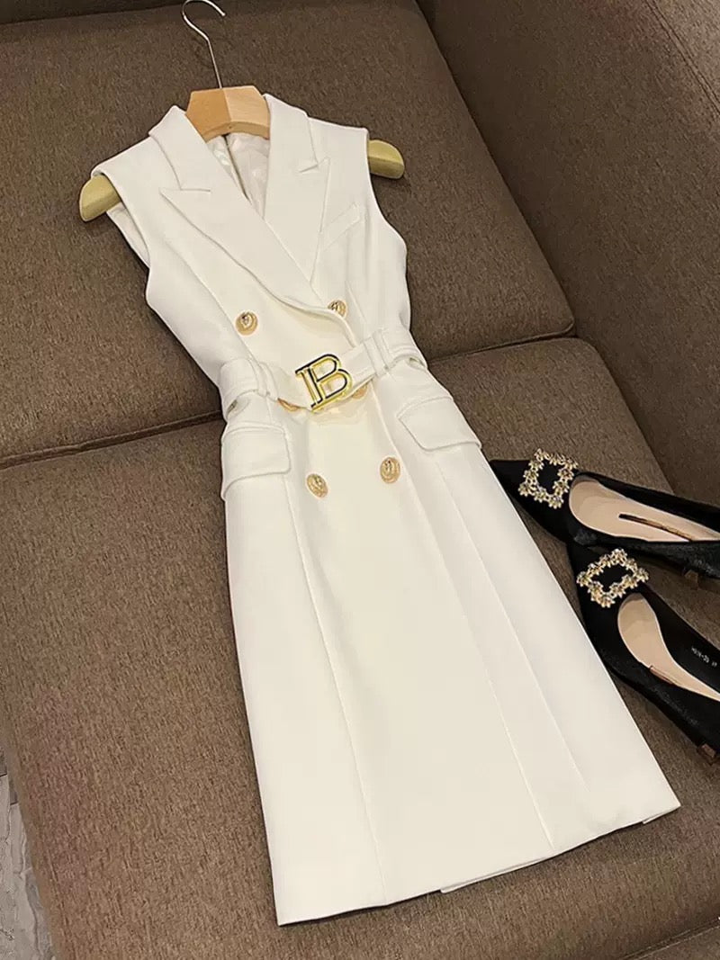 European and American style white spring and spring sleeveless vest suit jacket dress waist slim midi skirt hot sale 6236