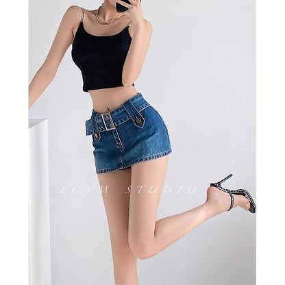 European and American street shooting personality belt denim skirt women's summer tight high waist thin skirt anti-shine bag hip skirt 1511