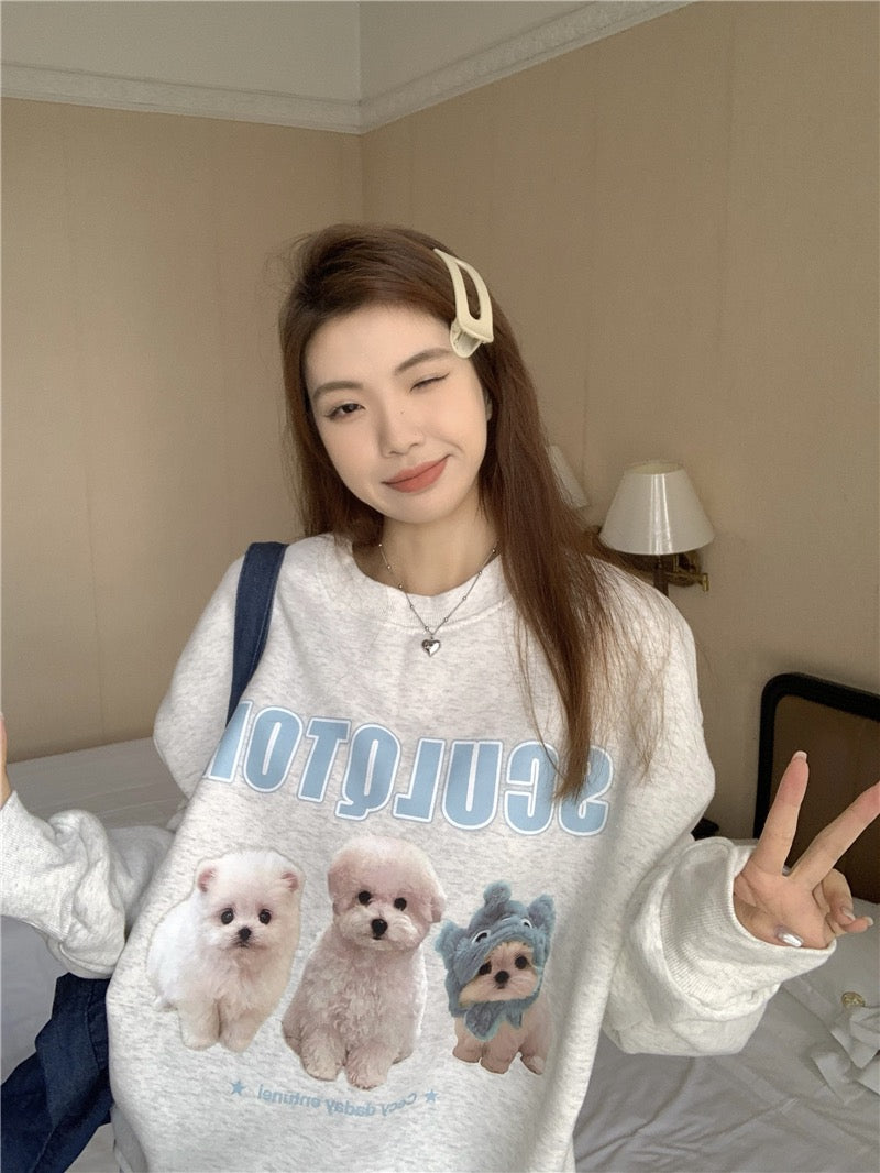 Kumikumi round neck long-sleeved lazy pullover plus fleece sweater women's autumn loose all-match dog print top