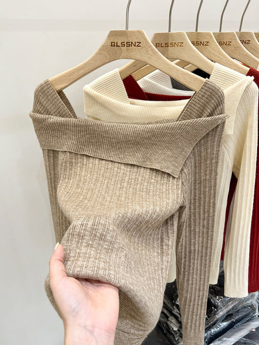 Stitching Knitted Bottom Sweater Women's Autumn and Winter Inner Design One-shoulder Unique Chic Top Square Neck Knitted Sweater Women