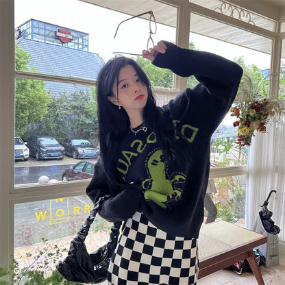 Black strawberry~ Korean version design loose dinosaur sweater knitted sweater top