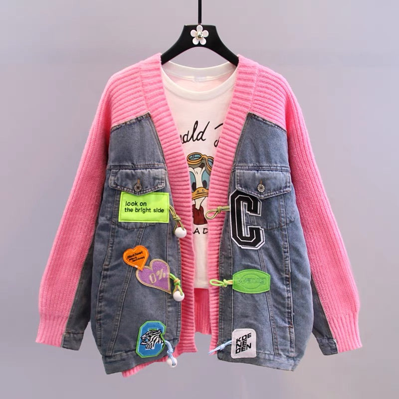 College wind sweater stitching denim jacket women's 2022 new Korean version loose design sense casual age reduction cardigan