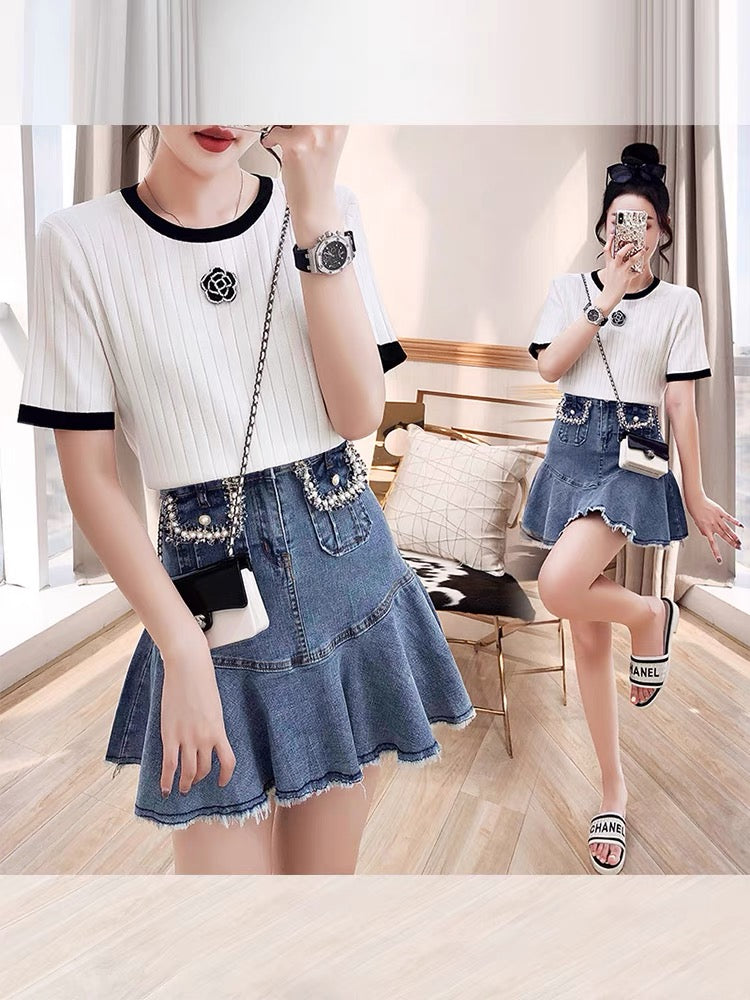 Milk wear suits summer 2022 new women's knitted tops denim summer skirts two-piece suits for age reduction