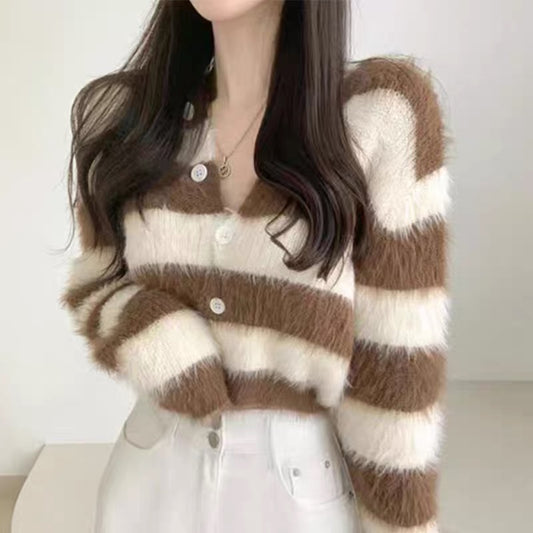 Korean chic autumn and winter retro temperament round neck single-breasted color striped mohair long-sleeved knitted sweater women's