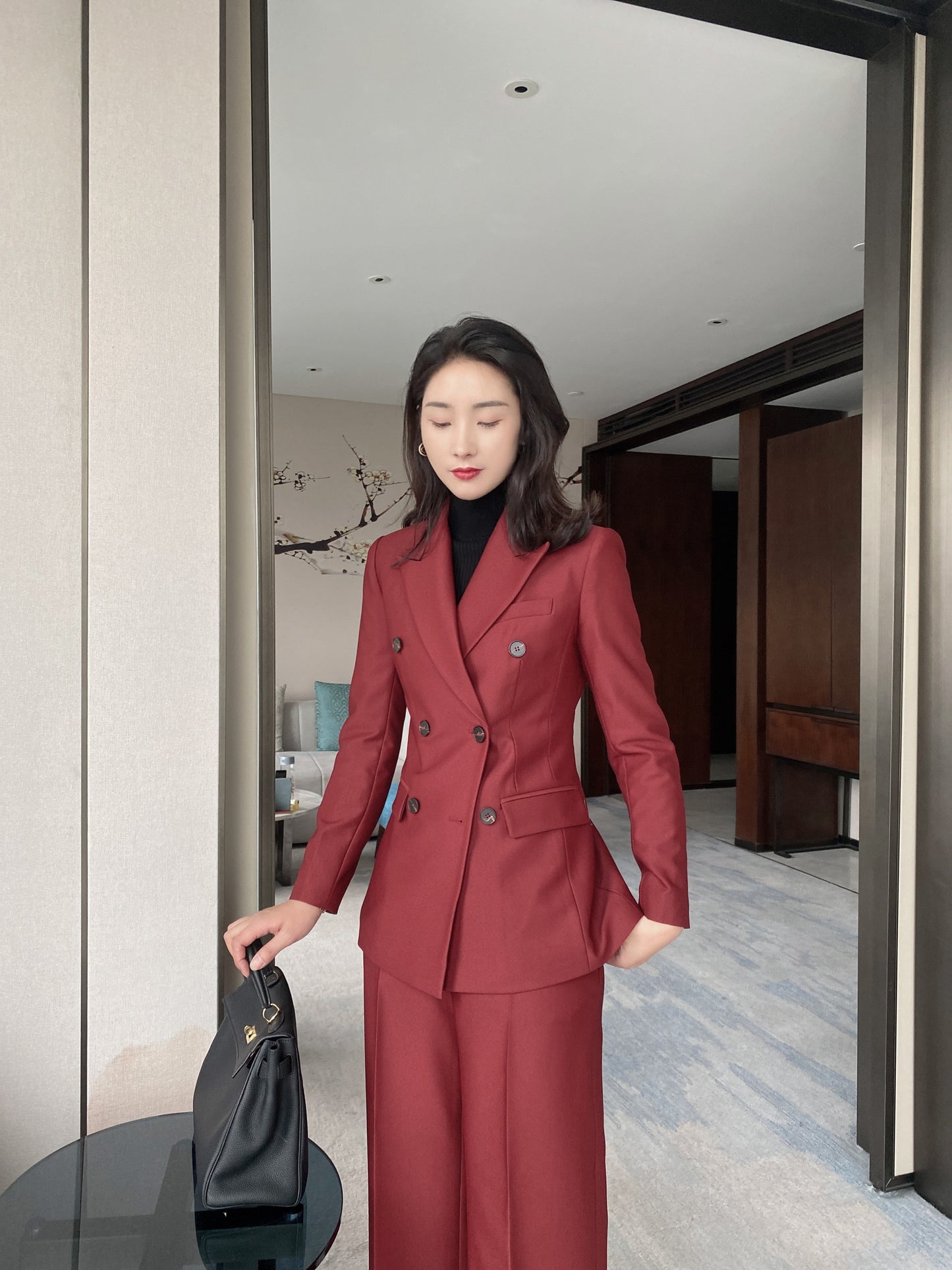 Autumn and winter thick wool suit annual meeting event Christmas wine red white commuter suit straight wide-leg pants suit