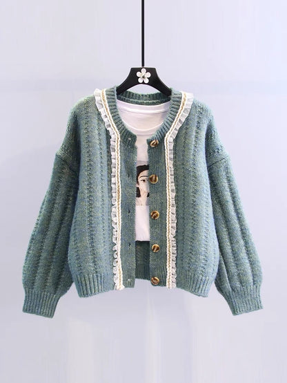 Xiaoxiangfeng lace stitching sweater coat women's autumn and winter 2022 new loose outer wear lazy wind knitted cardigan