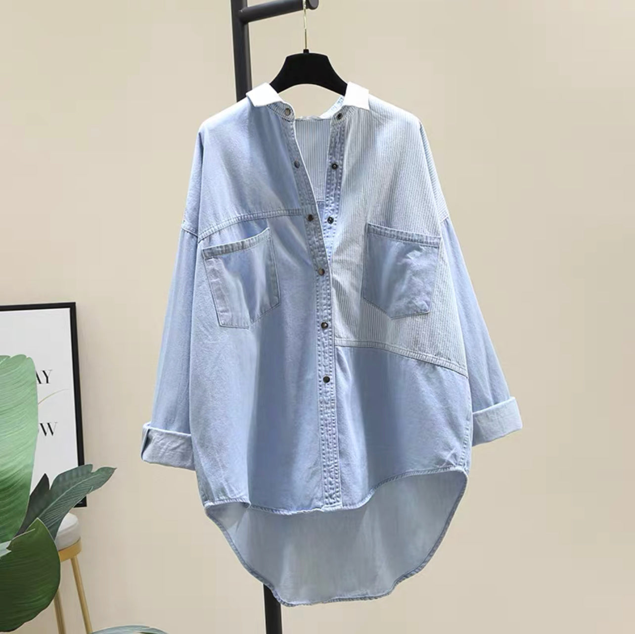 Design sense stitching striped denim shirt women's 2022 spring new French style front short back long top long-sleeved coat