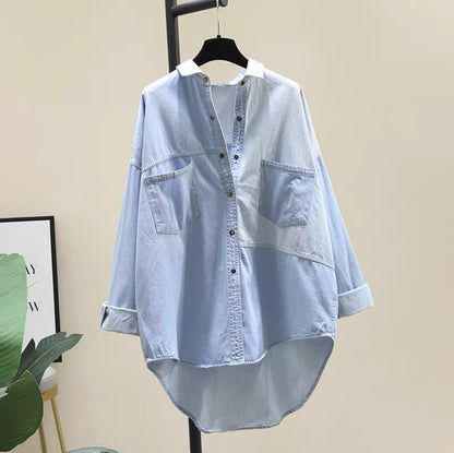 Design sense stitching striped denim shirt women's 2022 spring new French style front short back long top long-sleeved coat