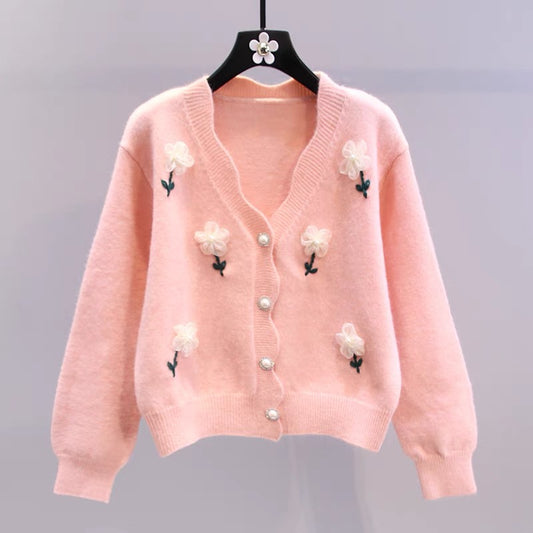 Three-dimensional flower V-neck sweater jacket women's early autumn 2022 new Japanese loose college style age-reducing knitted cardigan