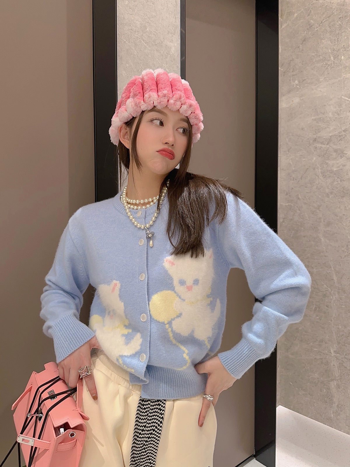 Thebestxue Korean version fashionable blue cat cardigan knitted jacket female 2022 new autumn and winter sweater cardigan