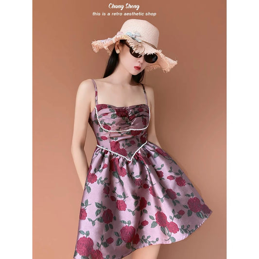 (Pre-Order)Hot girl niche jacquard fabric rose flower French retro puffy dress suspender skirt