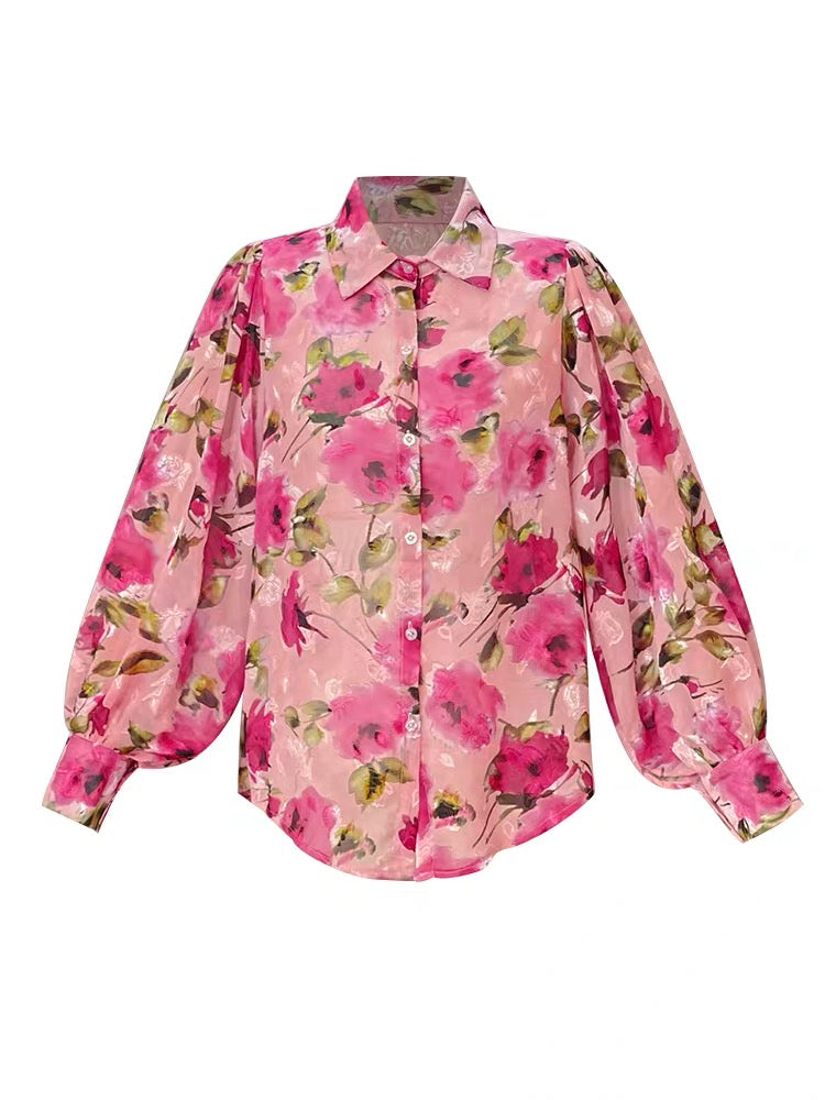 Feijie customized Hong Kong style feminine printed chiffon shirt 2022 spring new women's lapel lantern sleeve top