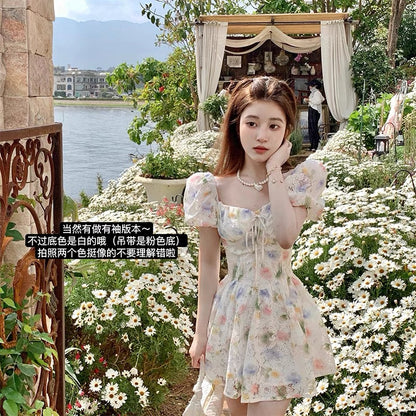 DoggyQin Ying Shaoyao / 2022 spring and summer sweet wind waist slimming lace hollow embroidery suspender dress