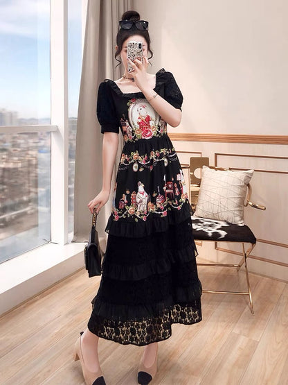 Long skirt is thin and tall summer dress 2022 new women's clothing temperament ladies black retro square collar Hepburn style dress