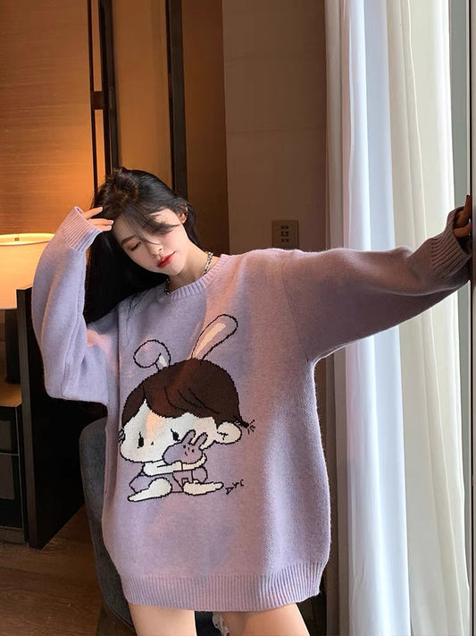 Soft waxy lavender cartoon cute knitted sweater 2022 early autumn new top loose Korean version sweater women's mid-length