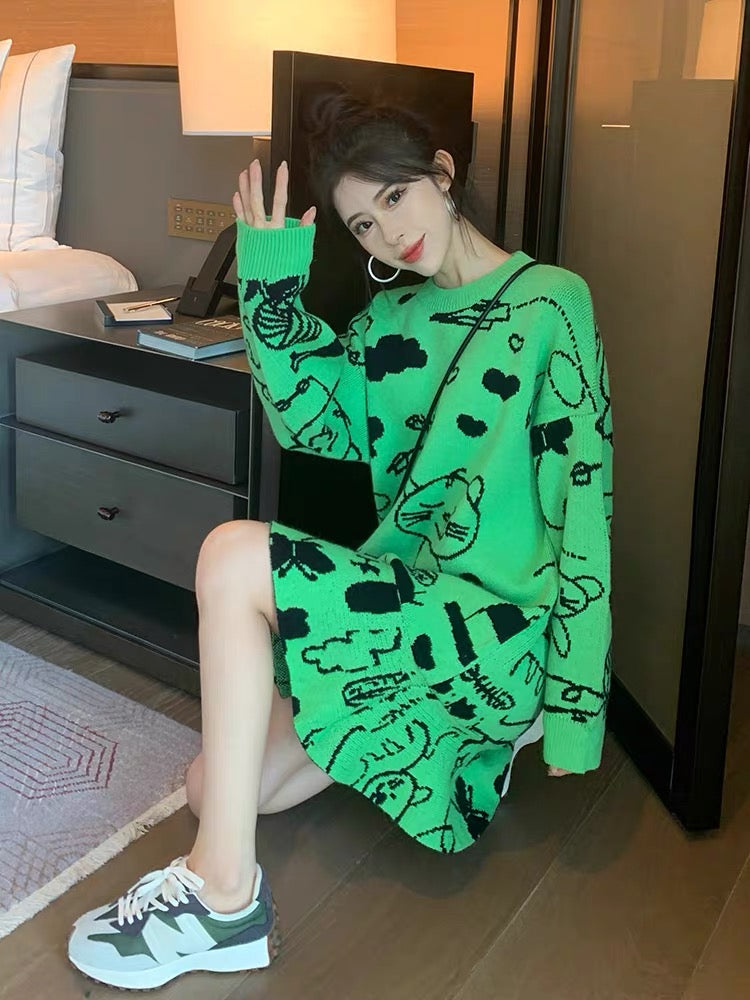 Green wool dress with coat mid-length knitted sweater autumn and winter loose pullover Korean style high-end sweater women