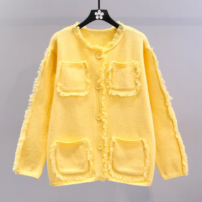 Small fragrance style high-quality fringed yellow sweater jacket women's 2023 spring new loose lazy style knitted cardigan