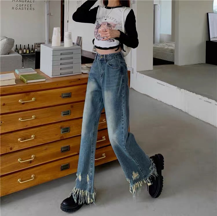 Design sense ripped jeans retro daddy pants female hot girl high waist pants loose straight pants autumn wide leg pants 1114