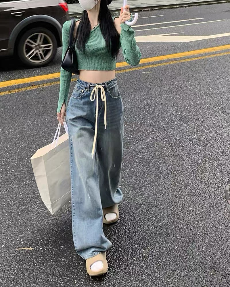 kumikumi retro high-waisted drawstring jeans straight-leg pants women's summer loose wide-leg pants trousers mopping pants 1112