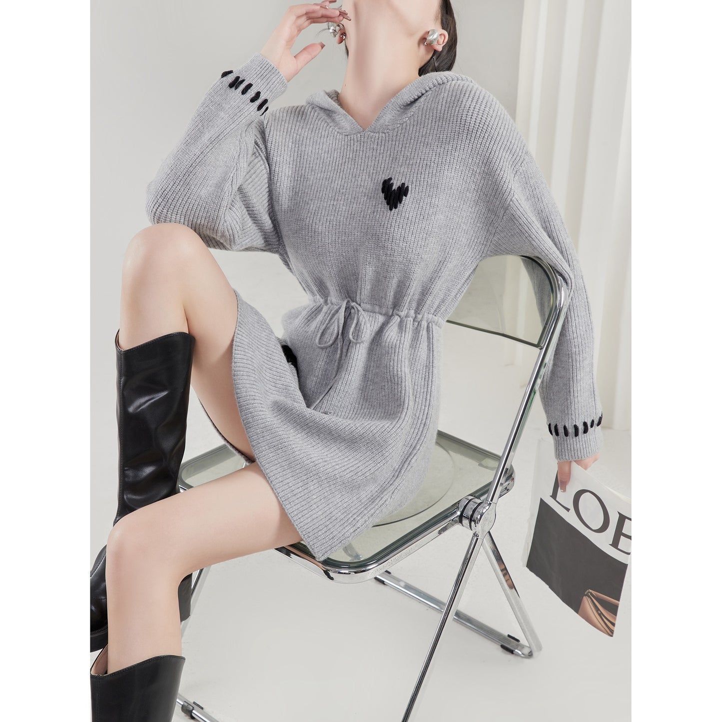 LLL LAB/ Knitted Dress Gray Hooded Waist Belt Black Love Gentle Tea Tea Air Small Skirt