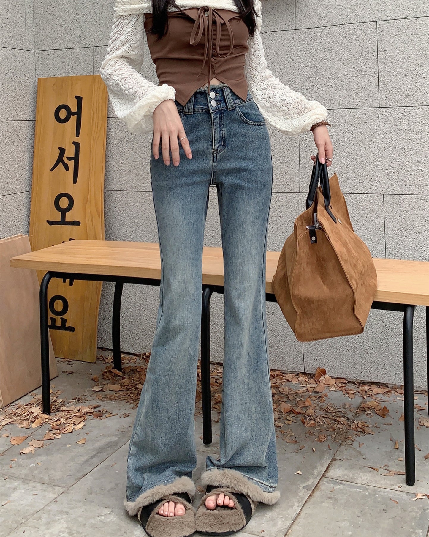 Maomao splicing retro high waist jeans women's spring and autumn new design sense niche horseshoe micro flared pants trousers