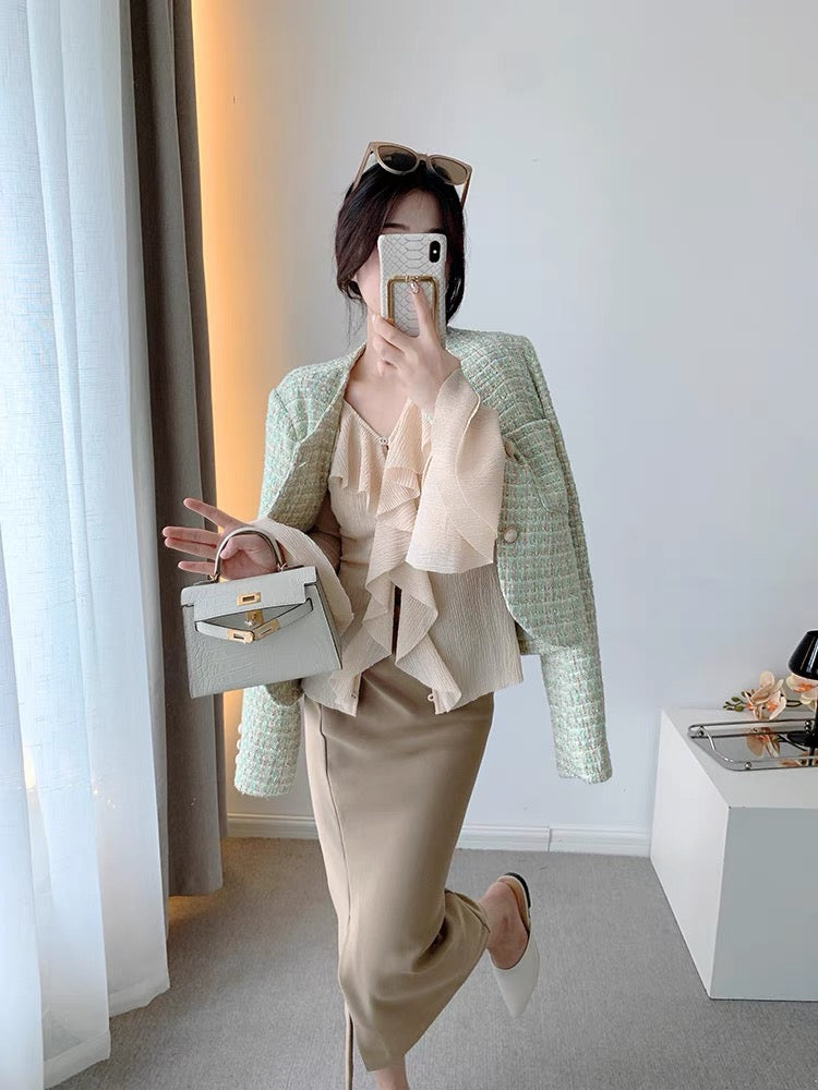 CHICROOM green small fragrance coat women's spring and autumn small round neck tweed woven thin short top