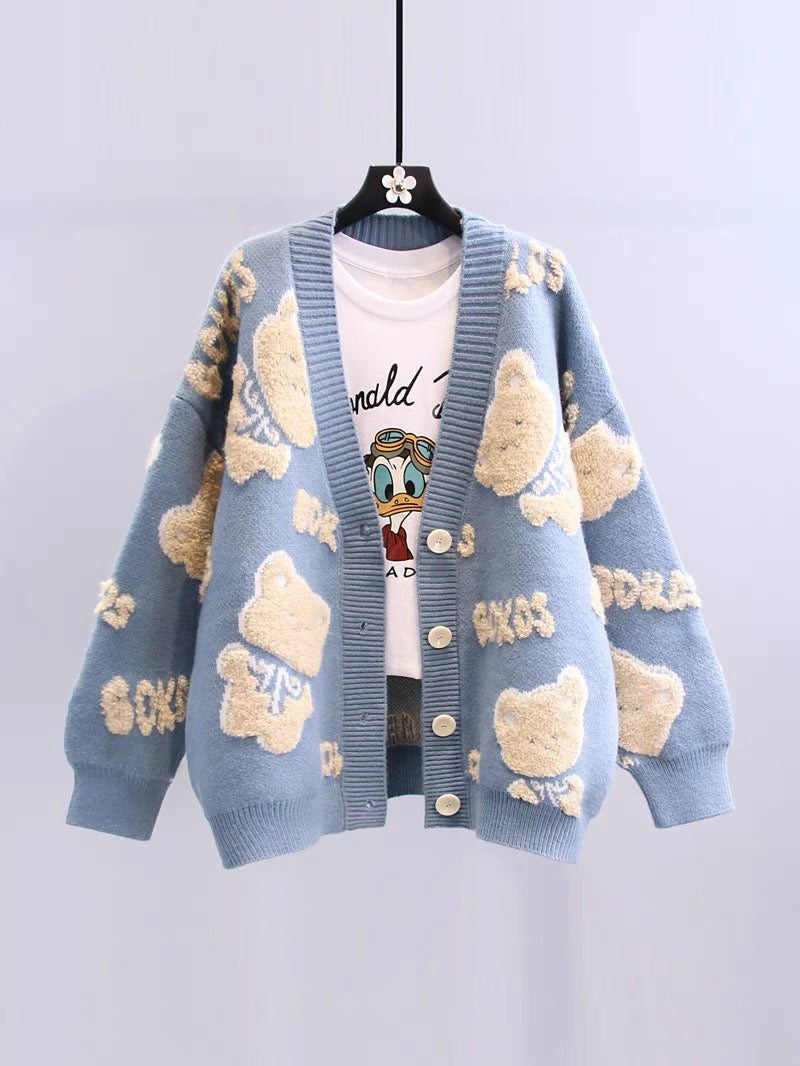 Cartoon bear sweater jacket women's autumn and winter 2022 new Korean version loose and lazy style outside wearing foreign style knitted cardigan