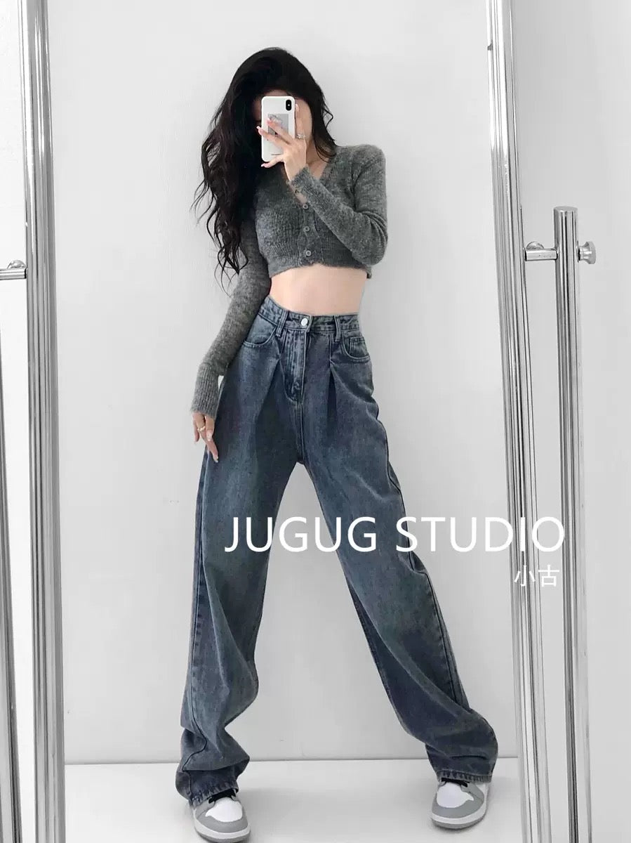 JUGUG retro washed wide-leg jeans women's loose straight trousers show thin and droopy daddy mopping trousers