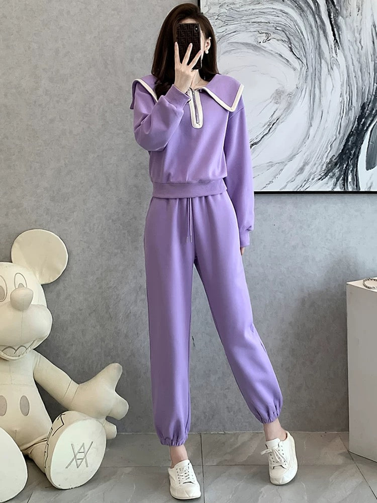 Fashionable fried street sports and leisure suits women's early autumn 2022 new trend lapel sweater Western style purple two-piece suit