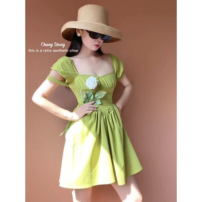 (Pre-Order) CHANGSHENG 4/12 20:00 Green Rattan Flower Mustard Green Pure Desire Dress Puff Sleeves Square Neck Tutu Skirt