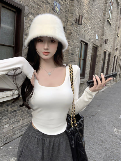 White u-neck slim fit long-sleeved T-shirt women's autumn hot girl pure desire style with irregular sexy top bottoming shirt