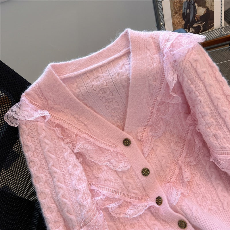 2022 autumn and winter new twist lace stitching sweater women's V-neck slimming all-match knitted cardigan jacket trendy