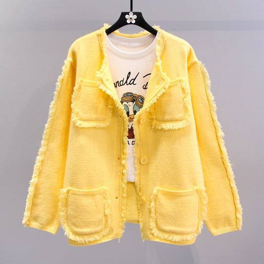 Small fragrance style high-quality fringed yellow sweater jacket women's 2023 spring new loose lazy style knitted cardigan