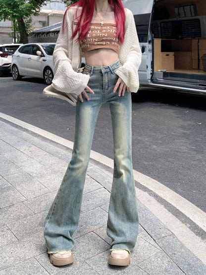 Spice Girls High Waist Raw Edge Retro Jeans Women's Spring and Autumn Small Man Looks Thin Micro Flared Pants Horseshoe Mopping Trousers