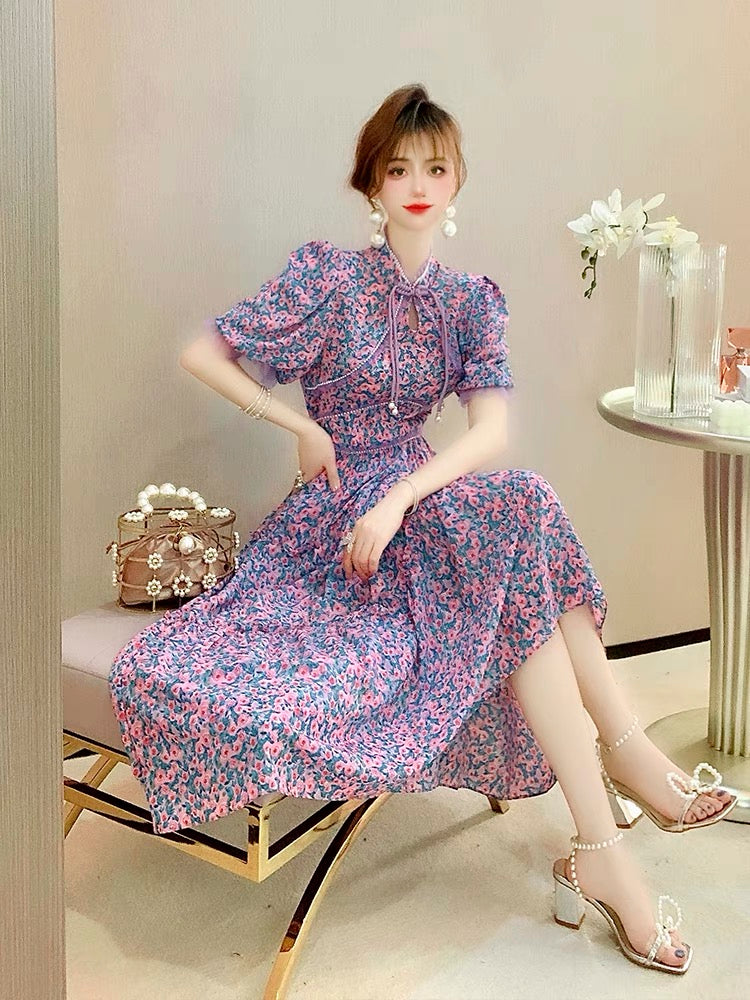 Feijie custom retro temperament dress 2022 summer new women's waist and slim puff sleeve floral skirt