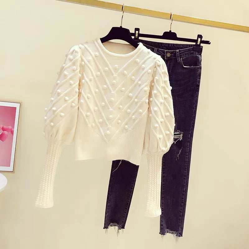 Handmade three-dimensional fur ball round neck pullover puff sleeve knitted sweater women's 2022 autumn and winter new Korean style casual sweater trend