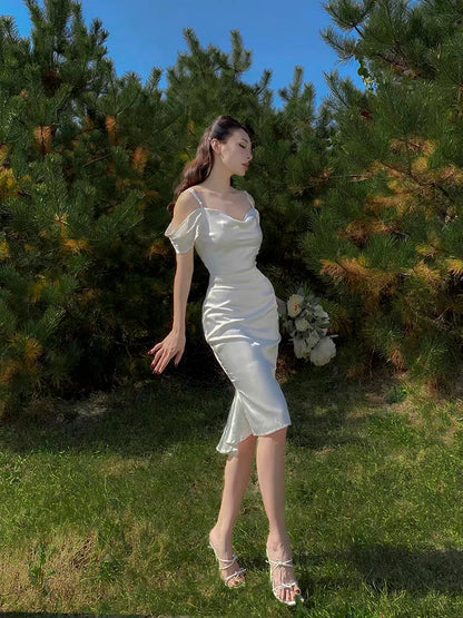 le palais vintage original spring and summer new white pearl satin off-the-shoulder drape fishtail dress