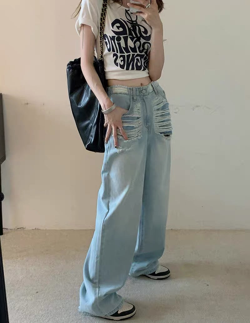 kumikumi light blue hole pants loose wide leg long pants summer high waist washed mopping pants jeans women 1828