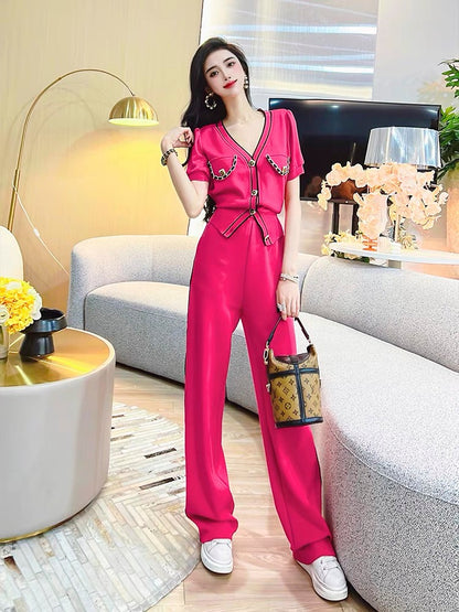 Feijie custom fashion western style suit 2022 summer new women's casual top loose wide-leg pants two-piece set 1132