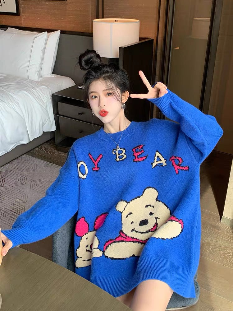 Tide brand cartoon bear sweater women's loose outer wear mid-length Korean style autumn and winter pullovers all-match western style knitted sweaters